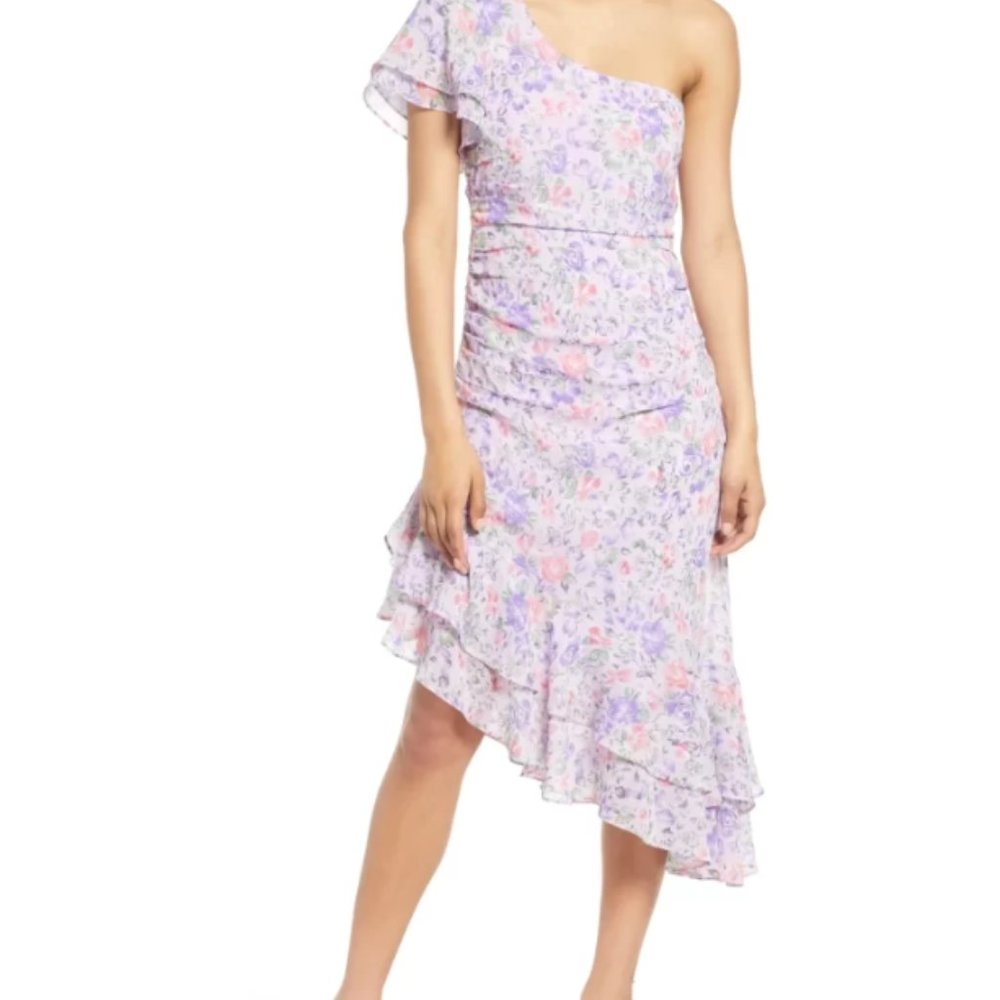 FLORET STUDIOS Floral Print One-Shoulder Asymmetric Hem A-Line Dress (NWOT)